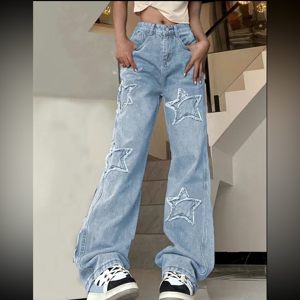Loose Fit Blue Star Shape Patchwork Straight Jeans - image 3